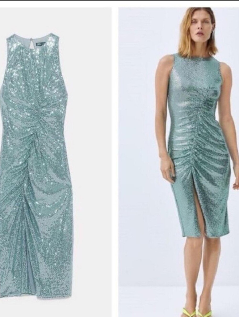 Zara Greenish Silver Sequin Sleeveless Dress M Front Rouching